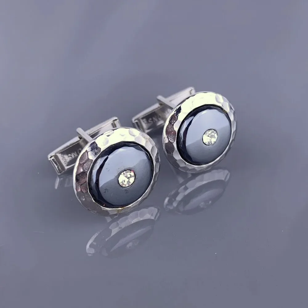 Hematite Rhinestone Silver Tone Cufflinks Hammered Edge Round Vintage